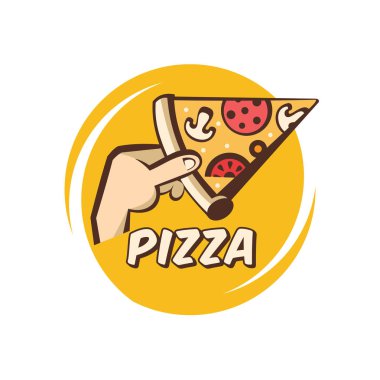 Pizza. Bir karikatür tarzı vektör logo. Mantar, sosis, domates ve peynir hand.th sıcak pizza bir dilim