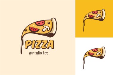 Pizza. Vektör logosu. Bir dilim pizza erimiş peynir ile.