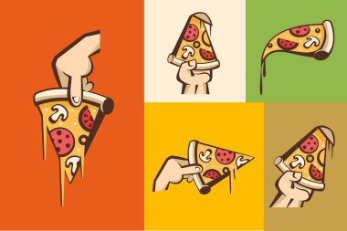 Clipart pizzayı ayarla. Vektör logoları, amblemler. Elinde bir dilim pizza.