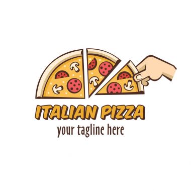 Karikatür tarzı kafe pizzacı için vektör logo. İtalyan pizza. Mantar, sosis, domates ve peynir elinde sıcak pizza bir dilim.