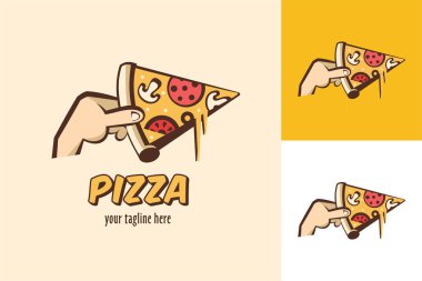 Karikatür tarzı kafe pizzacı için vektör logo. Dilim pizza mantar, sosis, domates ve peynir elinde.