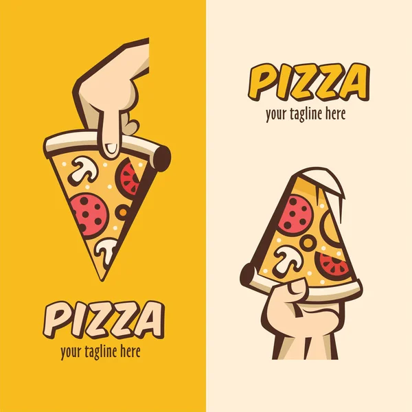 Coleção de logotipos vetoriais em estilo cartoon. Pizza italiana. Uma fatia de pizza quente com cogumelos, salsicha, tomate e queijo na mão . — Vetor de Stock