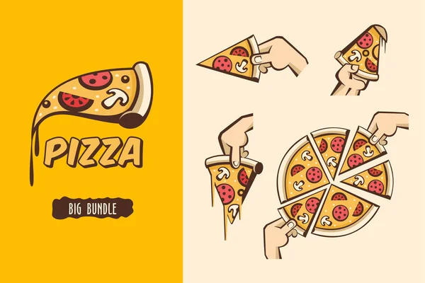 Büyük paket pizza. Dilim pizza elinde. Vektör logolar, kafeler pizzacılar için resimler. 