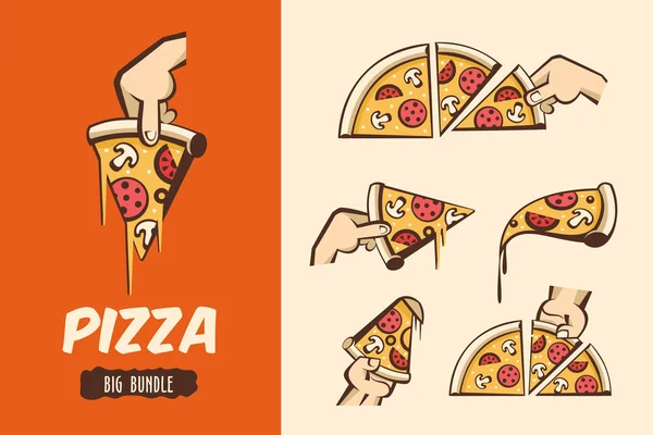 Stor bunt pizza. Vektor logotyper, illustrationer pizza. — Stock vektor