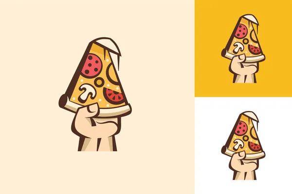 Logotipo em estilo cartoon para pizzaria café. Ilustração vetorial. Fatia de pizza com cogumelos, salsicha, tomate e queijo na mão . —  Vetores de Stock