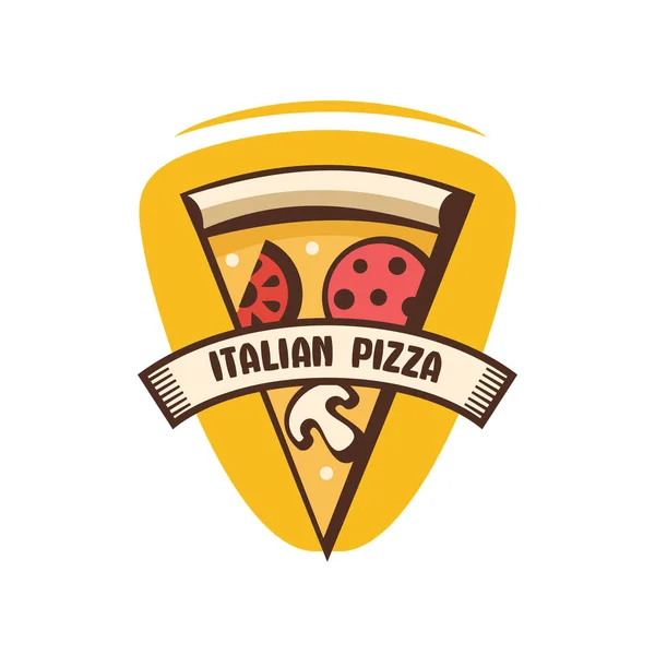 Logotyp italiensk pizza i tecknad stil för café pizzeria. Vektorillustration. Bit pizza med champinjoner, korv, tomater och ost. — Stock vektor