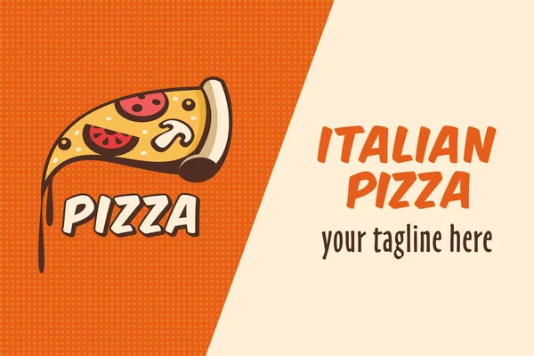 Logotypen för pizza i tecknad stil för café pizzeria. Vektorillustration. Bit pizza med champinjoner, korv, tomater och ost. — Stock vektor