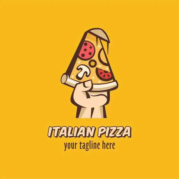 Λογότυπο φορέα Ιταλική Πίτσα. Εικονογράφηση διάνυσμα σε ύφος κινούμενων σχεδίων. Ένα κομμάτι ζεστό πίτσα με μανιτάρια, λουκάνικα, ντομάτες και τυρί στο χέρι. — Διανυσματικό Αρχείο