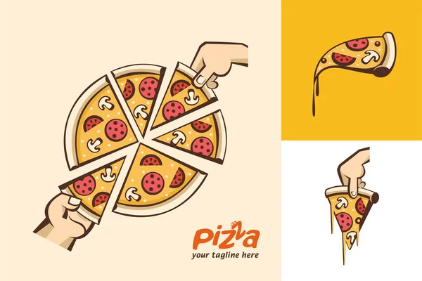 Pizza. Pizza cu felii mari. O felie de pizza în mână. logo-uri vectoriale în stil desene animate . — Vector de stoc