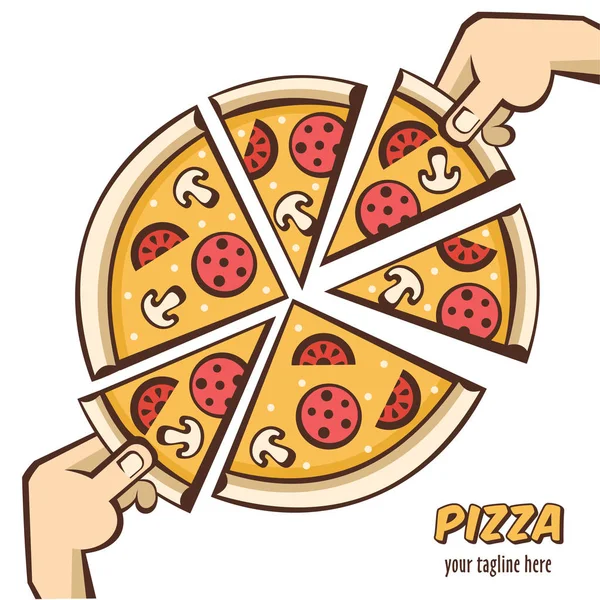 Felii de pizza fierbinte cu ciuperci, cârnați, roșii și brânză în mână. Ilustrație vectorială în stil desene animate pentru pizzeria cafelei . — Vector de stoc