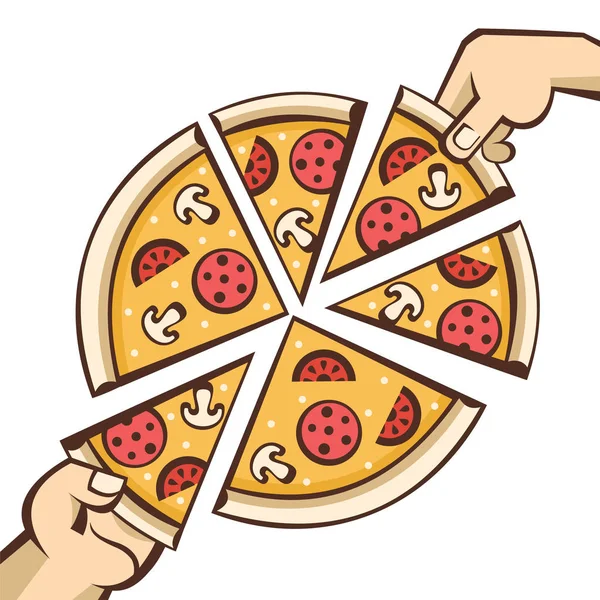 Vektorillustration i tecknad stil för café pizzeria. Skivor av varm pizza med champinjoner, korv, tomater och ost i hand. — Stock vektor