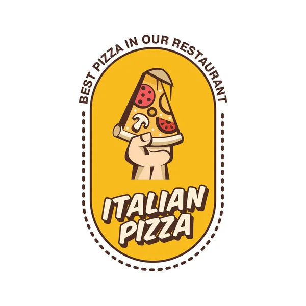Vektor logo i tecknad stil för café pizzeria. En bit av varm pizza med champinjoner, korv, tomater och ost i hand. Bästa pizza. — Stock vektor