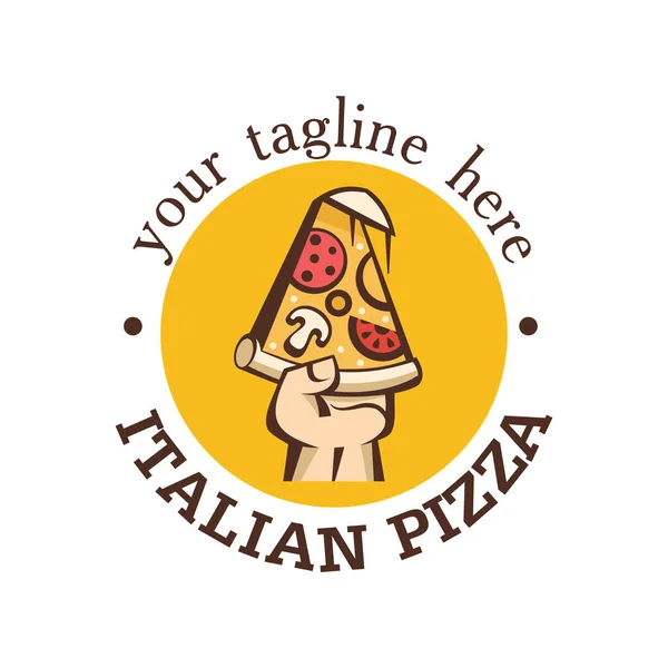 Διάνυσμα λογότυπο στο στυλ του καρτούν. Ιταλική Πίτσα. Ένα κομμάτι ζεστό πίτσα με μανιτάρια, λουκάνικα, ντομάτες και τυρί στο χέρι. — Διανυσματικό Αρχείο