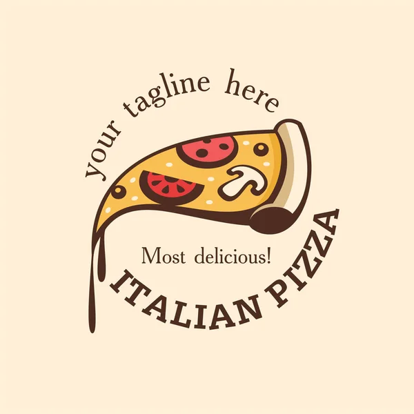 Vektor logotypen. Italiensk pizza. En bit av varm pizza med champinjoner, korv, tomater och ost. Godaste pizzan. — Stock vektor