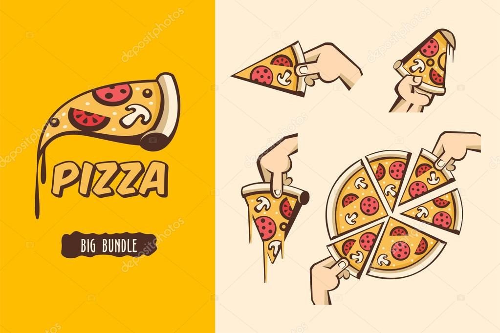 Large bundle pizza. The pieces of pizza in his hand. Vector logos, illustrations for cafes pizzerias.