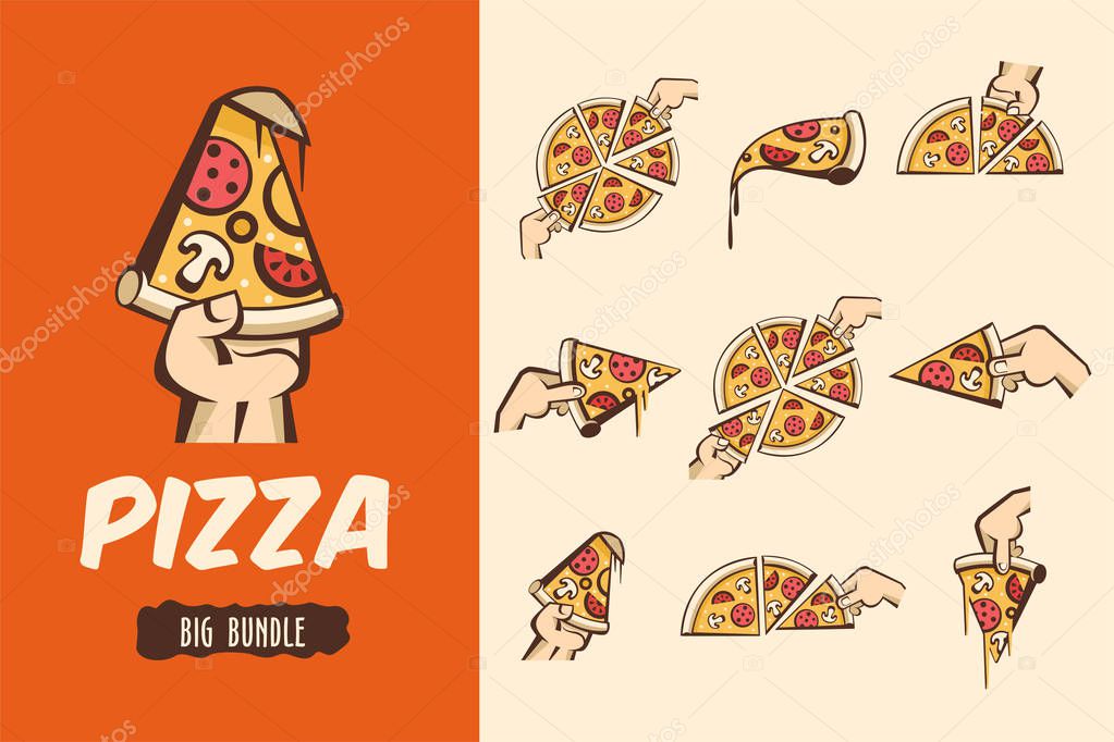 Large bundle pizza. Vector logos, illustrations for cafes pizzerias. The pieces of pizza in his hand.
