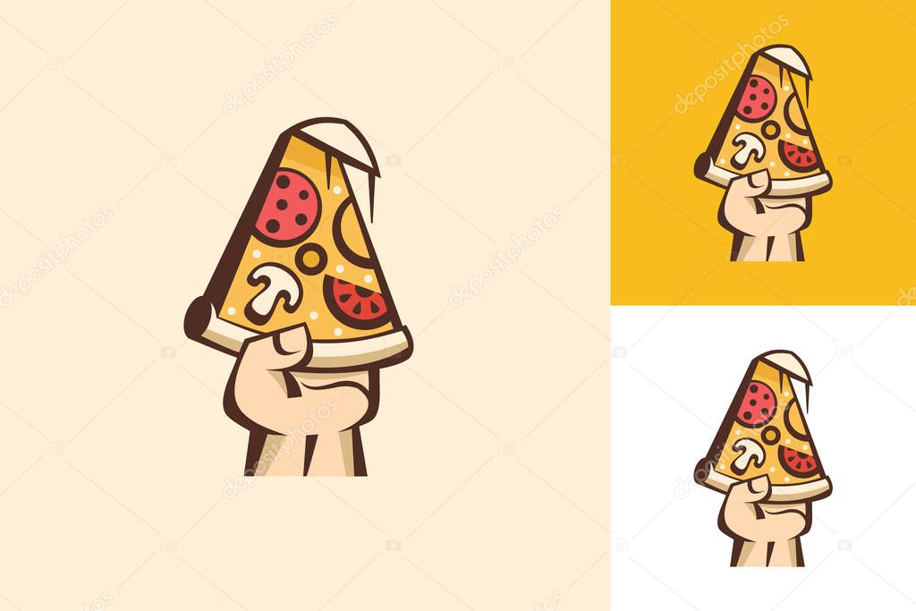 Logo in cartoon style for cafe pizzeria. Vector illustration. Slice of pizza with mushrooms, sausage, tomatoes and cheese in hand.
