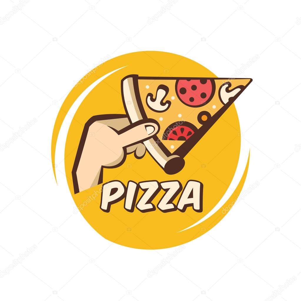 Pizza. Vector logo in a cartoon style. A slice of hot pizza with mushrooms, sausage, tomatoes and cheese in hand.th