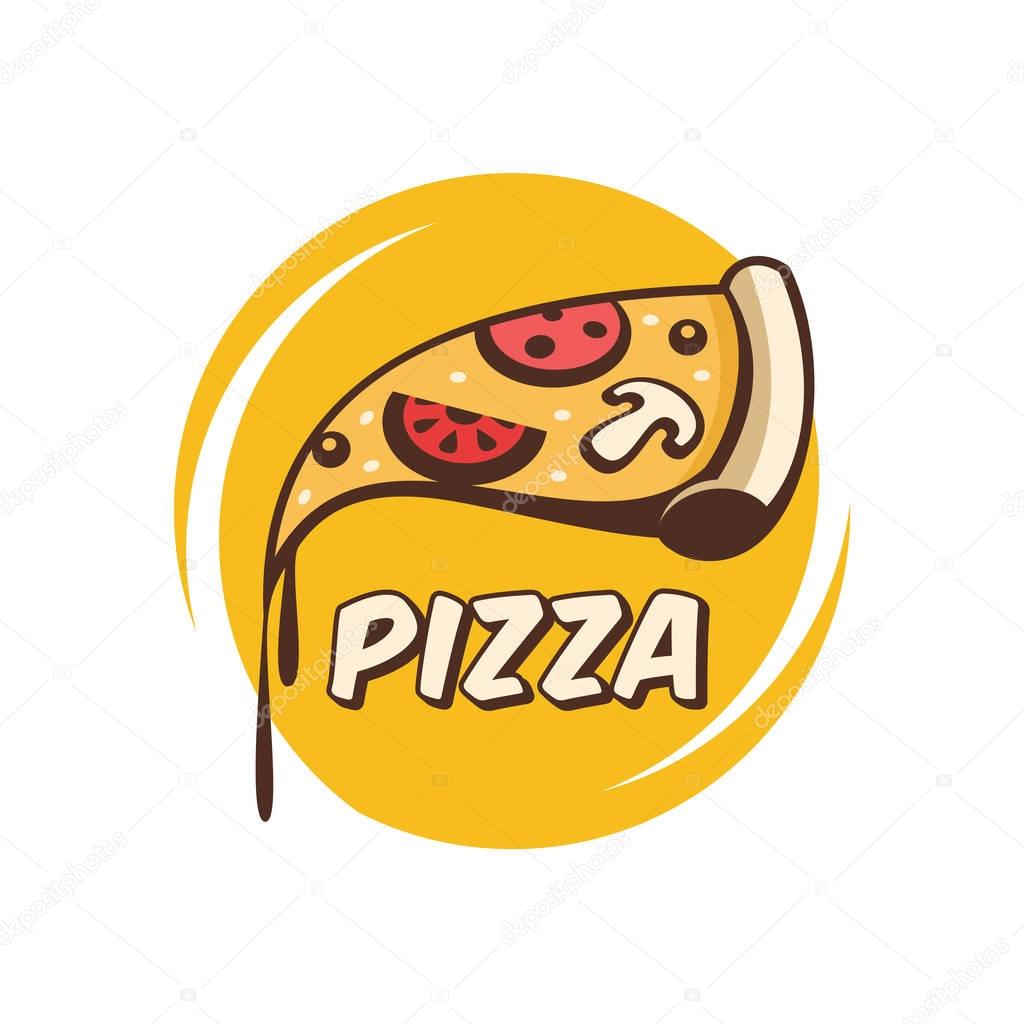 Vector logo in a cartoon style. A slice of hot pizza with mushrooms, sausage, tomatoes and cheese in hand.