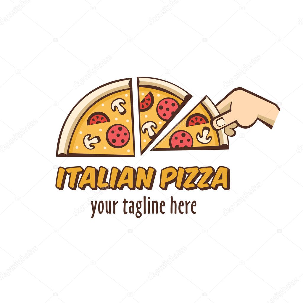 Vector logo in cartoon style for cafe pizzeria. Italian pizza. A slice of hot pizza with mushrooms, sausage, tomatoes and cheese in hand.