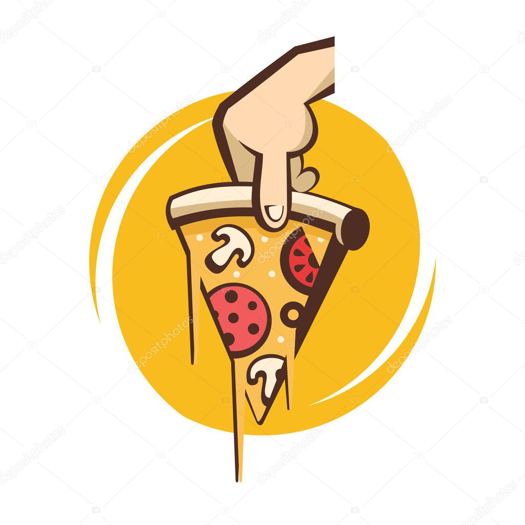 Vector logo pizza. A slice of hot pizza with mushrooms, sausage, tomatoes and cheese in hand.