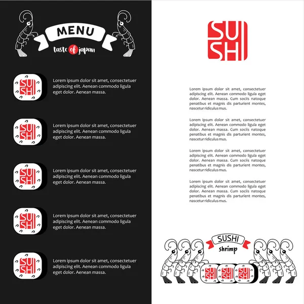 Logotyp räkor sushi. Menymall för restaurang av japanska rätter — Stock vektor