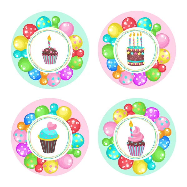 Léggömbök és a sütemények. boldog születésnapot! Vector clipart. — Stock Vector
