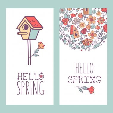 Merhaba, Bahar! Kuş yuvalarını ve bahar çiçekleri. Vektör illustratio