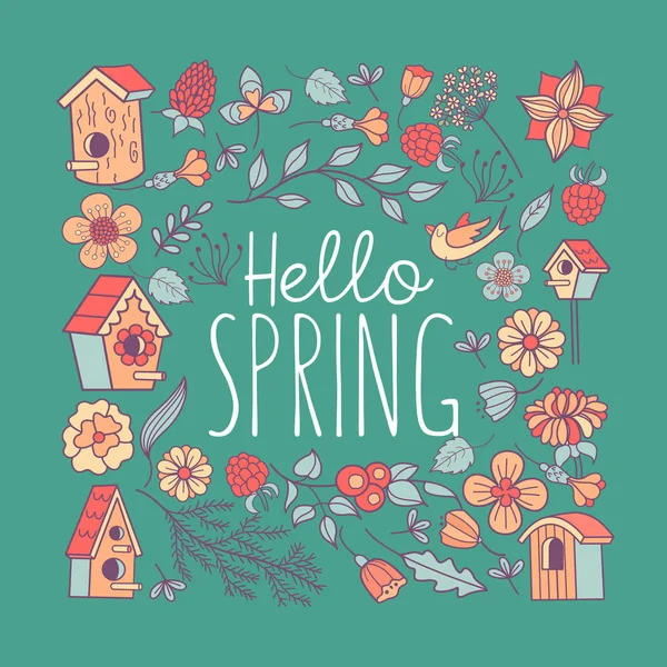 ¡Hola, Spring! Nidos de pájaros y flores de primavera. Ilustración del vector — Vector de stock