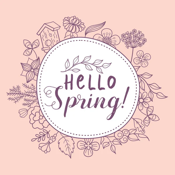 ¡Hola, Spring! Nidos de pájaros y flores de primavera. Ilustración del vector — Vector de stock