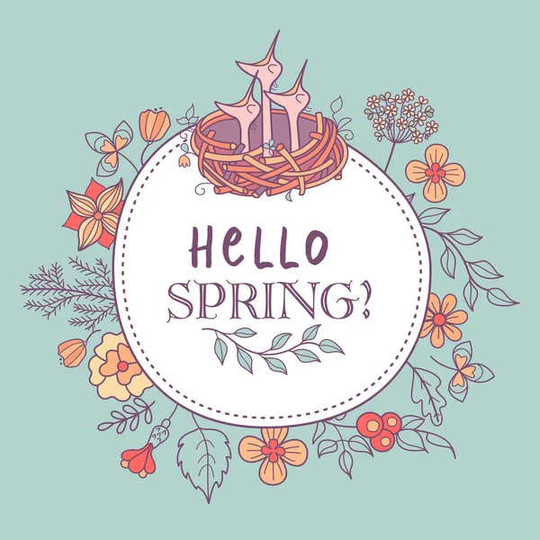 ¡Hola, Spring! Nidos de pájaros y flores de primavera. Ilustración del vector — Vector de stock