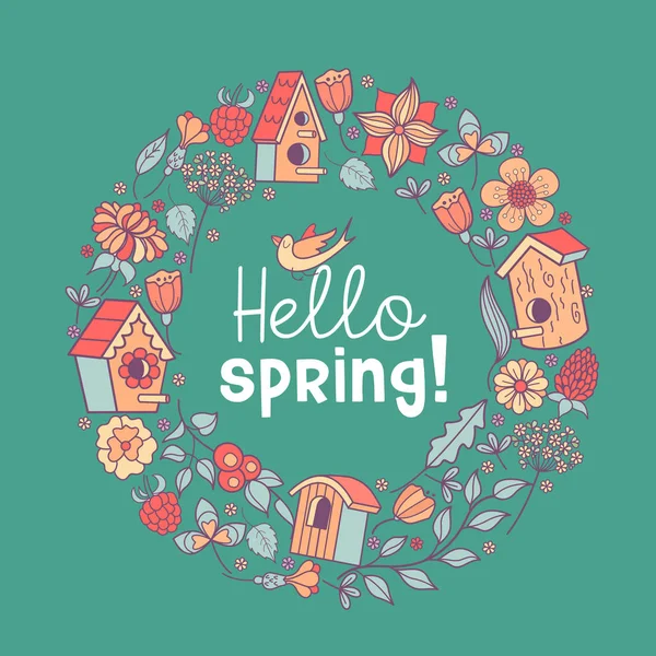 こんにちは、春!鳥の巣と春の花。ベクトル illustratio — ストックベクタ