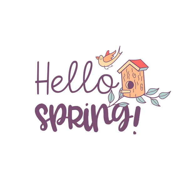 ¡Hola, Spring! Nidos de pájaros y flores de primavera. Ilustración del vector — Vector de stock