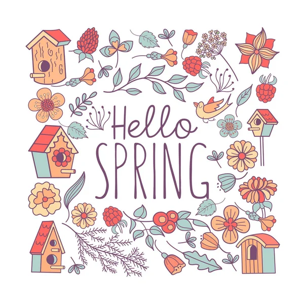 ¡Hola, Spring! Nidos de pájaros y flores de primavera. Ilustración del vector — Vector de stock