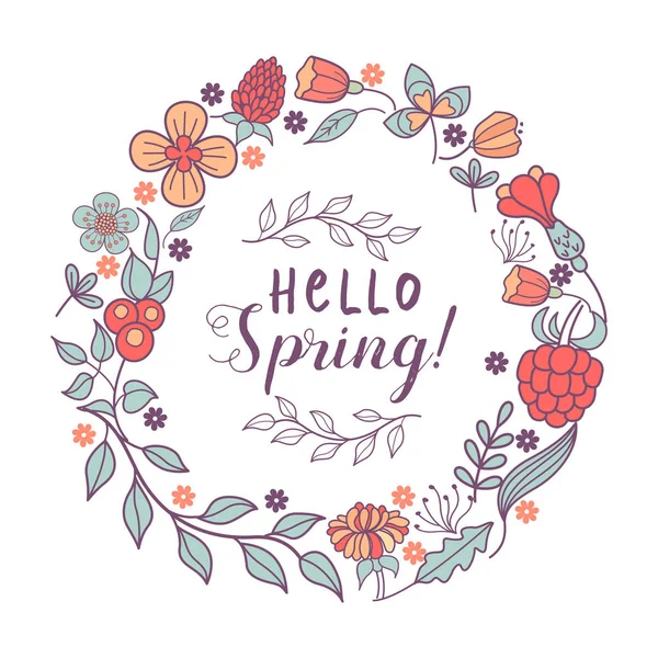 ¡Hola, Spring! Nidos de pájaros y flores de primavera. Ilustración del vector — Vector de stock