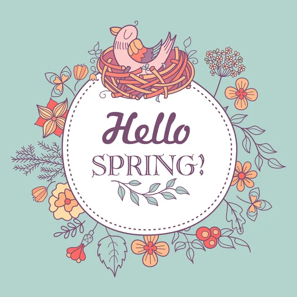 ¡Hola, Spring! Nidos de pájaros y flores de primavera. Ilustración del vector — Vector de stock