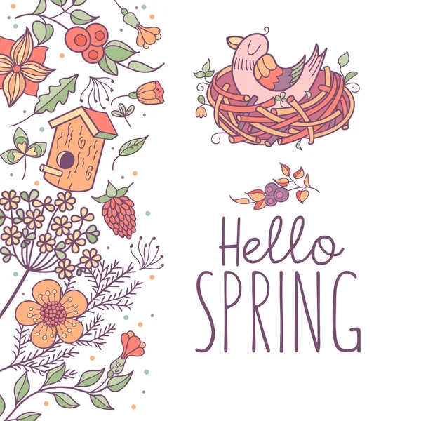 Hej, våren! Fågelbon och vårblommor. Vector illustratio — Stock vektor