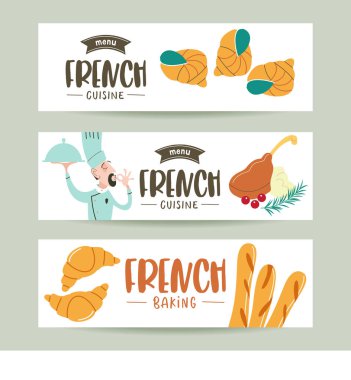 Fransız mutfağı. Fransız yemekleri kümesi. Afiş şablonlar, simgeler.