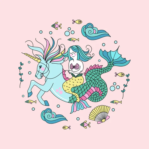 Sirena, criatura mitológica. Sirena montando un unicornio de mar. Su — Vector de stock