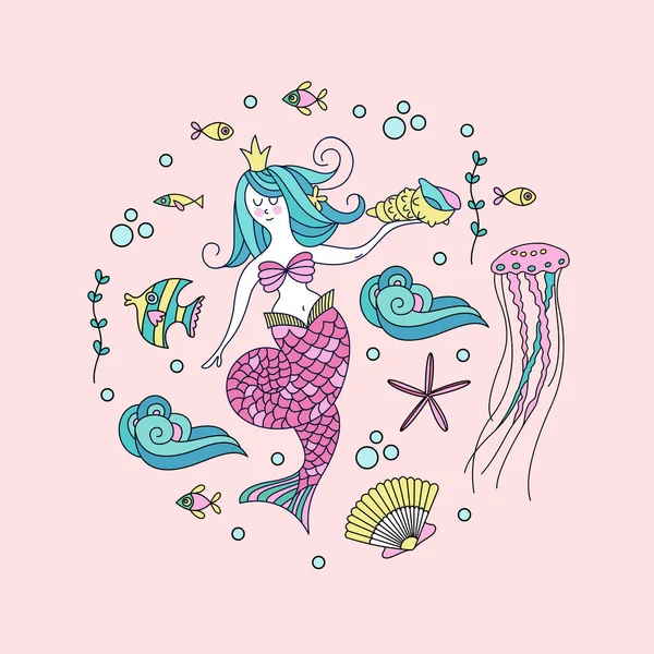 Meerjungfrau, Fabelwesen. umgeben von Meeresfischen, Muscheln, — Stockvektor
