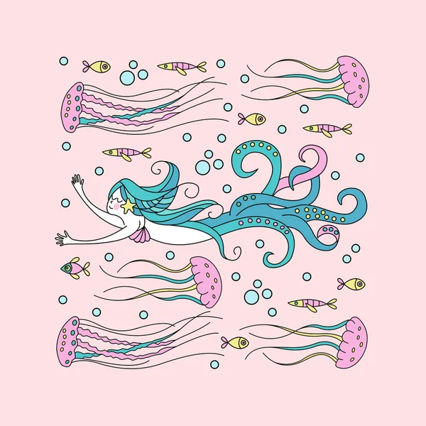 Criatura mitológica. Hada del mar. Sirena con tentáculos de pulpo — Vector de stock