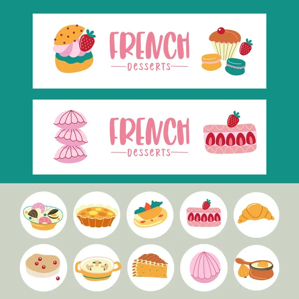 Franse keuken. Een aantal Franse gerechten. Banner sjablonen, pictogrammen. — Stockvector