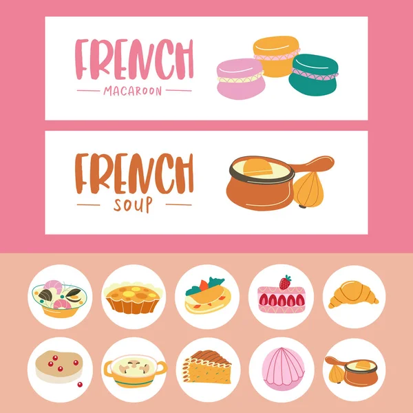 Французька кухня. Набір страви французької кухні. Банер шаблони, іконки. — стоковий вектор