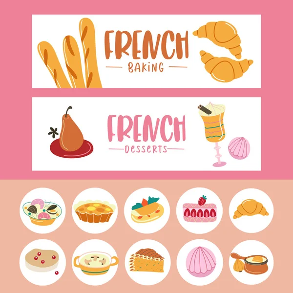 Dania kuchni francuskiej. Zestaw z kuchni francuskiej. Banner szablony, ikony. — Wektor stockowy