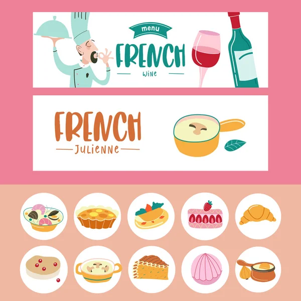 Francouzská kuchyně. Sada francouzských jídel. Nápis šablony, ikony. — Stockový vektor