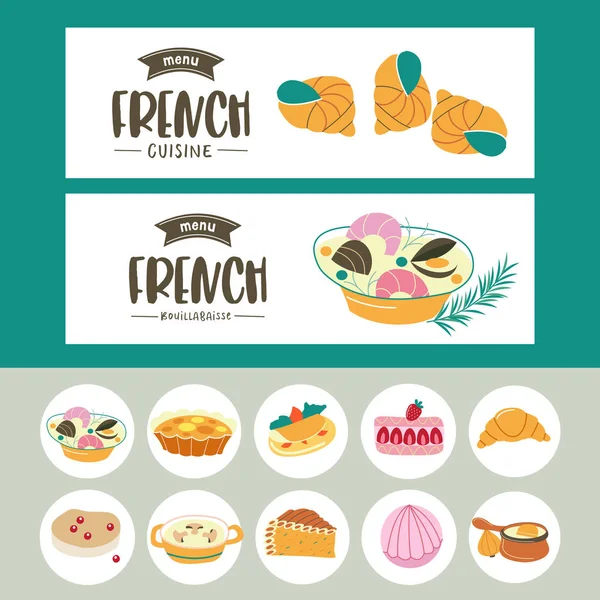 French cuisine. A set of French dishes. Banner templates, icons. — Stock Vector