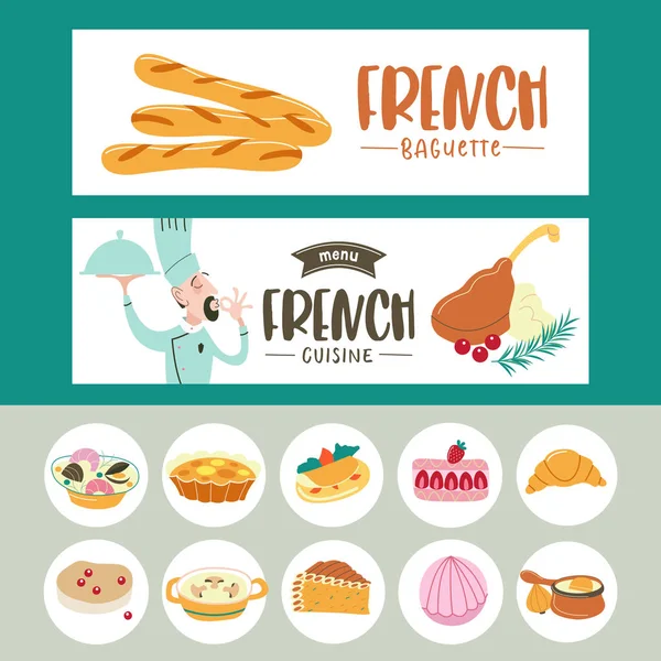 Cocina francesa. Un juego de platos franceses. Plantillas de banner, iconos . — Vector de stock