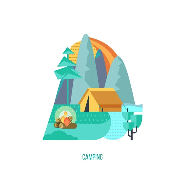 Camping. Sommaren friluftsliv. Vektorillustration. — Stock vektor
