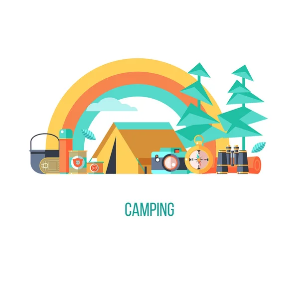 Camping. Loisirs d'été en plein air. Illustration vectorielle . — Image vectorielle