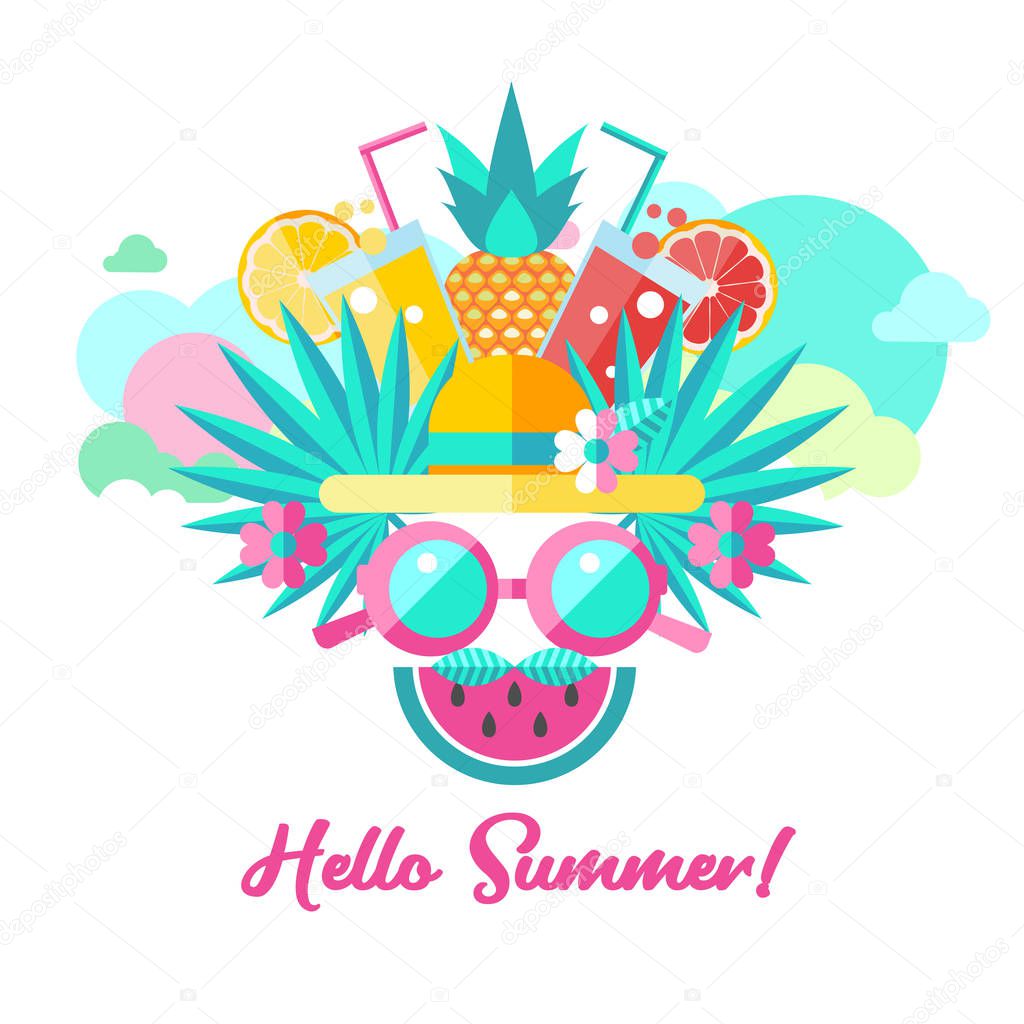 Hello summer. Vector illustration. A set of clipart on the theme of summer, vacation, sea, resort, fruit.